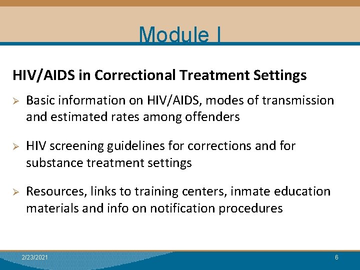 Module I HIV/AIDS in Correctional Treatment Settings Ø Ø Ø Basic information on HIV/AIDS,