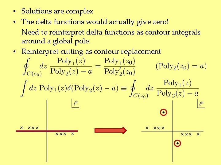  • Solutions are complex • The delta functions would actually give zero! Need