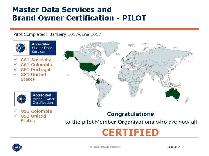 Master Data Services and Brand Owner Certification - PILOT Pilot Completed: January 2017 -June