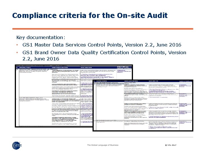 Compliance criteria for the On-site Audit Key documentation: • GS 1 Master Data Services