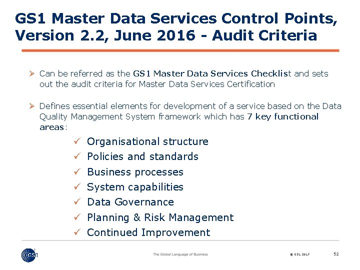 GS 1 Master Data Services Control Points, Version 2. 2, June 2016 - Audit