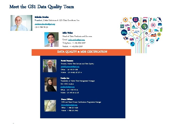 Meet the GS 1 Data Quality Team Malcolm Bowden President, Global Solutions & GS