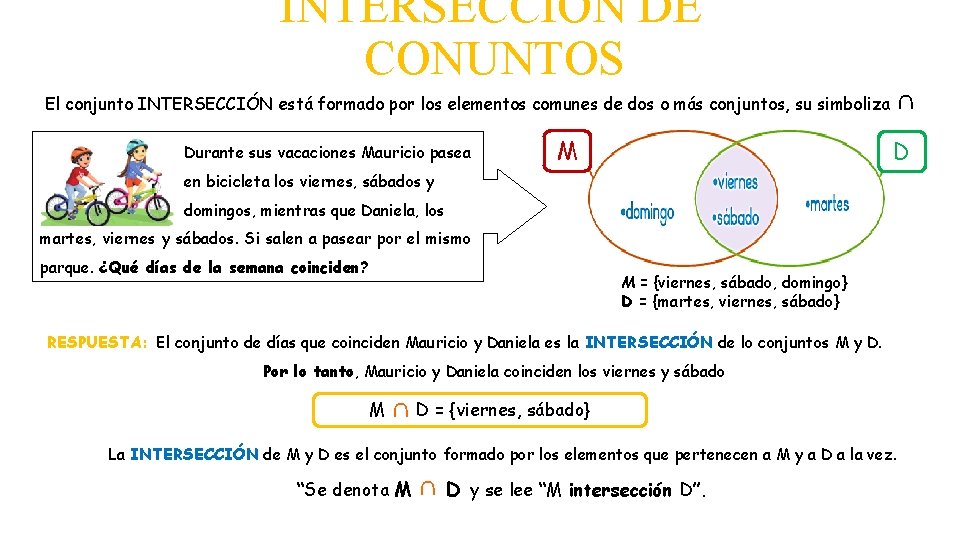 INTERSECCIÓN DE CONUNTOS El conjunto INTERSECCIÓN está formado por los elementos comunes de dos