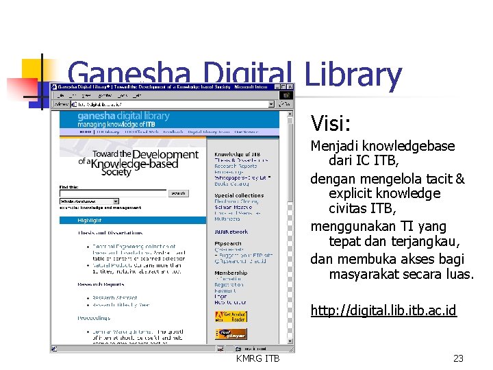 Ganesha Digital Library Visi: Menjadi knowledgebase dari IC ITB, dengan mengelola tacit & explicit