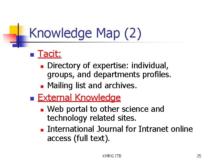 Knowledge Map (2) n Tacit: n n n Directory of expertise: individual, groups, and