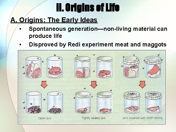 II. Origins of Life A. Origins: The Early Ideas • • Spontaneous generation—non-living material