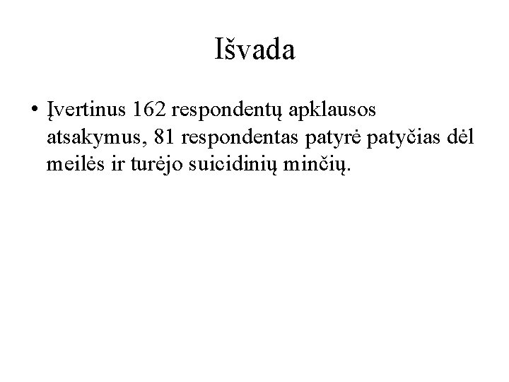 Išvada • Įvertinus 162 respondentų apklausos atsakymus, 81 respondentas patyrė patyčias dėl meilės ir