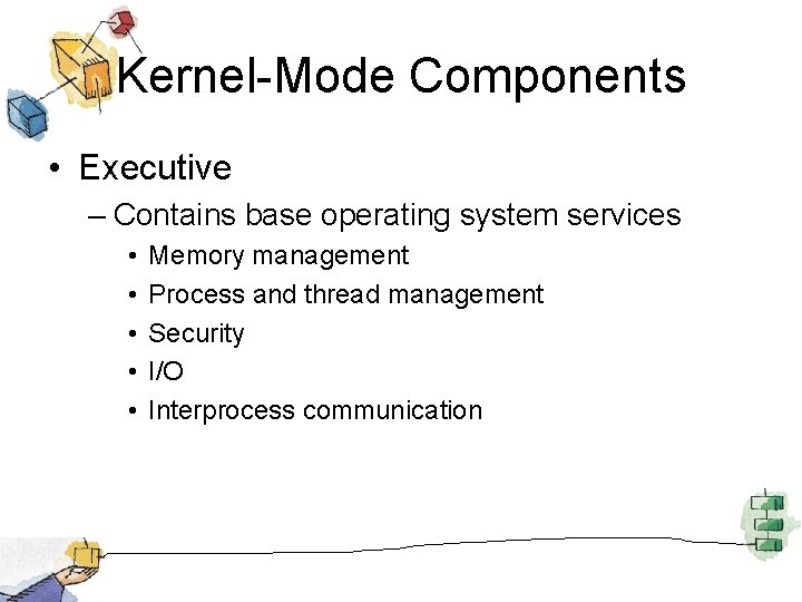 Kernel-Mode Components • Executive – Contains base operating system services • • • Memory