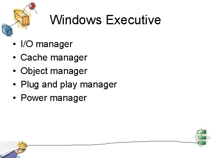 Windows Executive • • • I/O manager Cache manager Object manager Plug and play