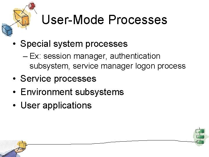 User-Mode Processes • Special system processes – Ex: session manager, authentication subsystem, service manager