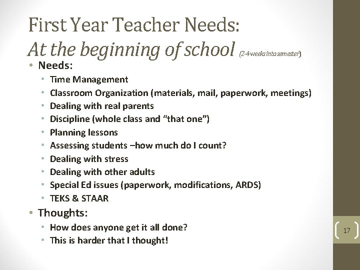 First Year Teacher Needs: At the beginning of school • Needs: • • •