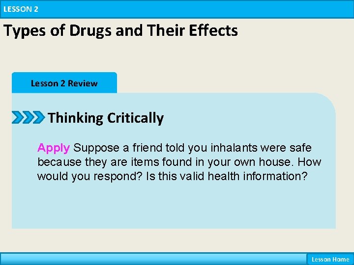 LESSON 2 Types of Drugs and Their Effects Lesson 2 Review Thinking Critically Apply LESSON 2 Types of Drugs and Their Effects Lesson 2 Review Thinking Critically Apply