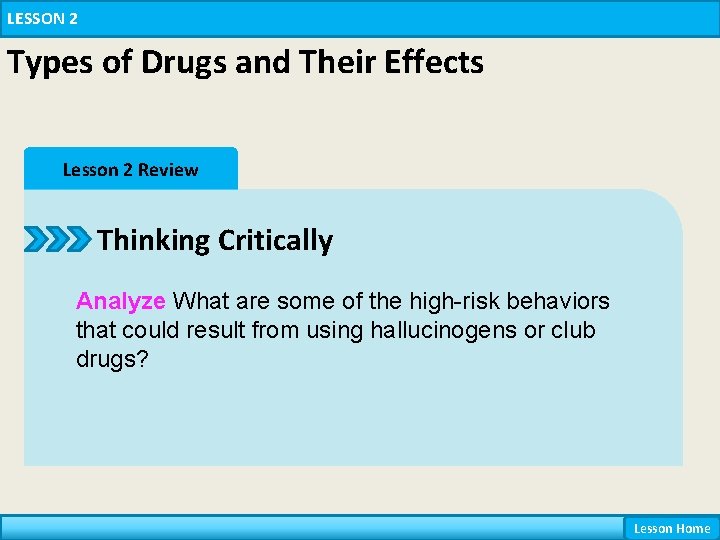 LESSON 2 Types of Drugs and Their Effects Lesson 2 Review Thinking Critically Analyze LESSON 2 Types of Drugs and Their Effects Lesson 2 Review Thinking Critically Analyze