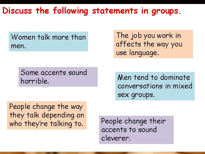 Discuss the following statements in groups. Women talk more than men. Some accents sound