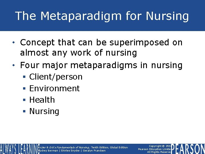 The Metaparadigm for Nursing • Concept that can be superimposed on almost any work