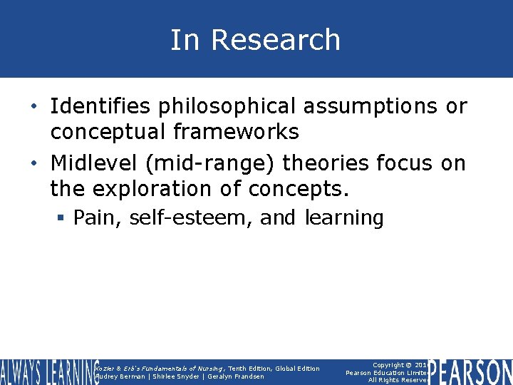 In Research • Identifies philosophical assumptions or conceptual frameworks • Midlevel (mid-range) theories focus