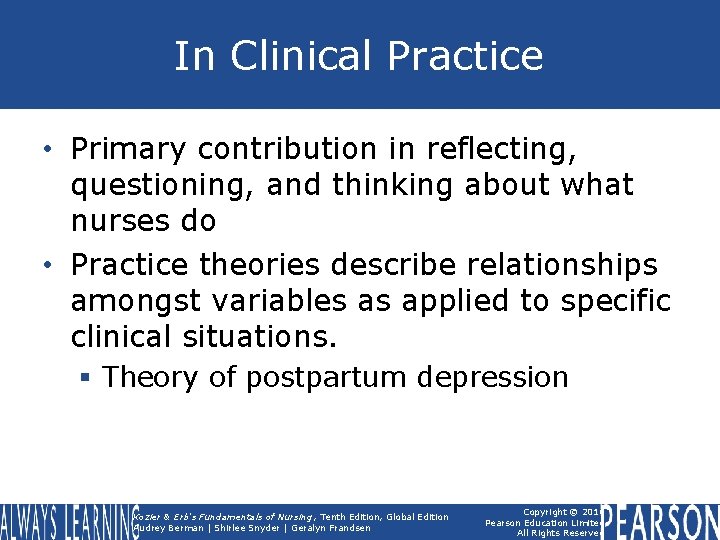 In Clinical Practice • Primary contribution in reflecting, questioning, and thinking about what nurses