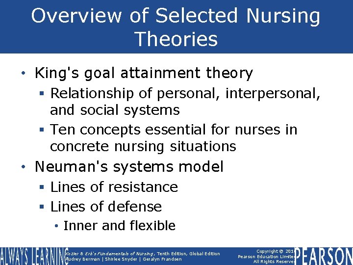 Overview of Selected Nursing Theories • King's goal attainment theory § Relationship of personal,