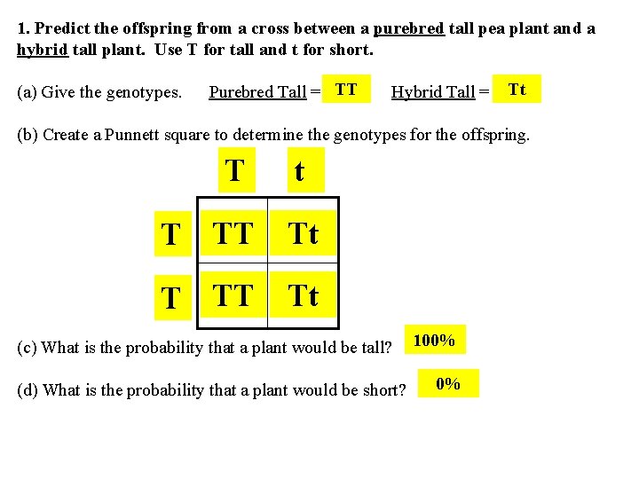 1. Predict the offspring from a cross between a purebred tall pea plant and