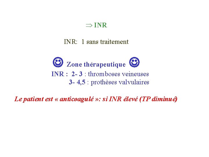  INR: 1 sans traitement Zone thérapeutique INR : 2 - 3 : thromboses