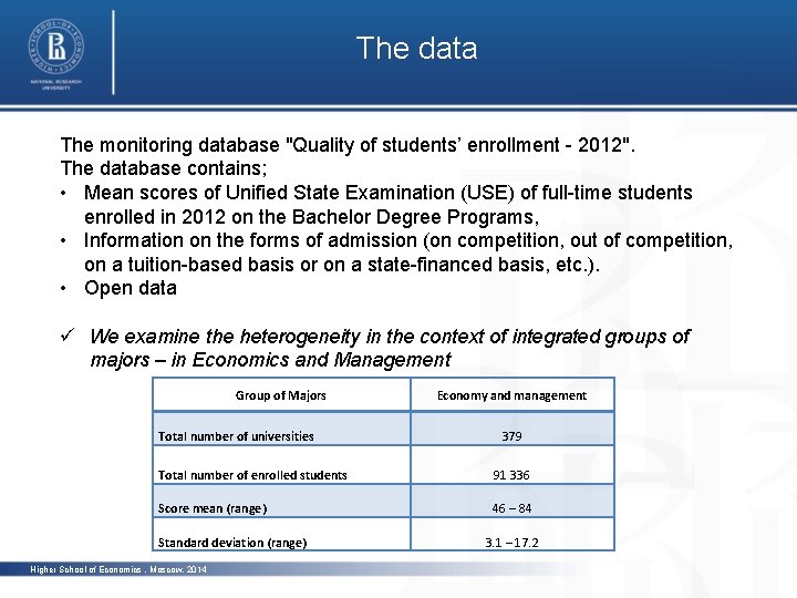 The data The monitoring database "Quality of students’ enrollment - 2012". The database contains;