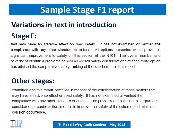 Sample Stage F 1 report Variations in text in introduction Stage F: Other stages: