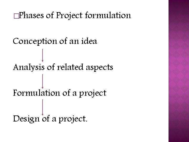 �Phases of Project formulation Conception of an idea Analysis of related aspects Formulation of