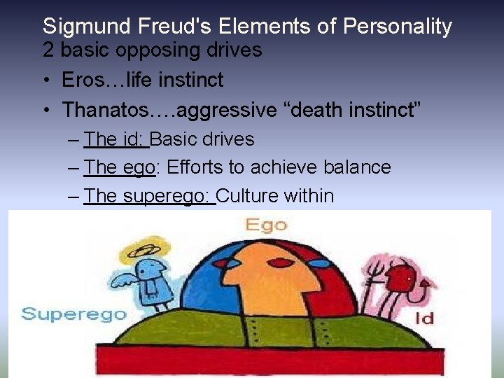 Sigmund Freud's Elements of Personality 2 basic opposing drives • Eros…life instinct • Thanatos…. Sigmund Freud's Elements of Personality 2 basic opposing drives • Eros…life instinct • Thanatos….