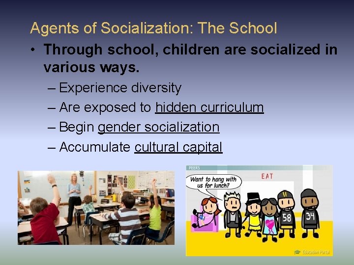 Agents of Socialization: The School • Through school, children are socialized in various ways. Agents of Socialization: The School • Through school, children are socialized in various ways.
