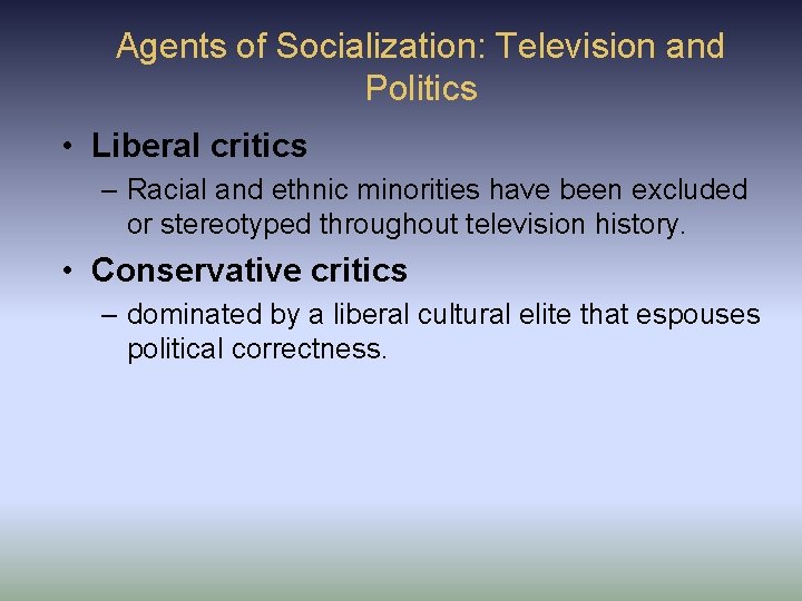 Agents of Socialization: Television and Politics • Liberal critics – Racial and ethnic minorities Agents of Socialization: Television and Politics • Liberal critics – Racial and ethnic minorities