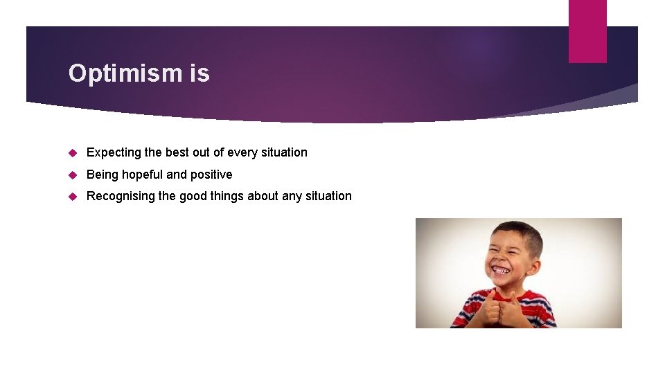 Optimism is Expecting the best out of every situation Being hopeful and positive Recognising