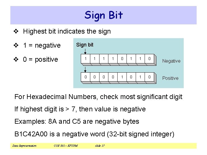 Sign Bit v Highest bit indicates the sign v 1 = negative Sign bit