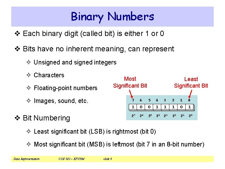 Binary Numbers v Each binary digit (called bit) is either 1 or 0 v