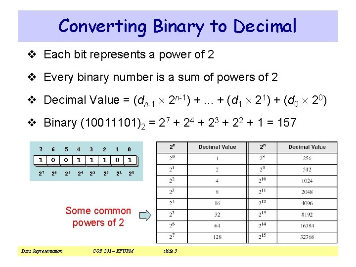 Converting Binary to Decimal v Each bit represents a power of 2 v Every