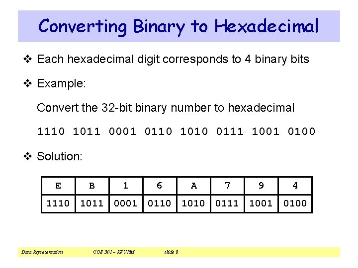 Converting Binary to Hexadecimal v Each hexadecimal digit corresponds to 4 binary bits v