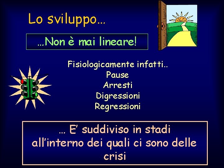 Lo sviluppo… …Non è mai lineare! Fisiologicamente infatti. . Pause Arresti Digressioni Regressioni …