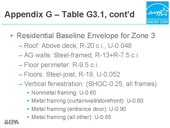 Appendix G – Table G 3. 1, cont’d • Residential Baseline Envelope for Zone
