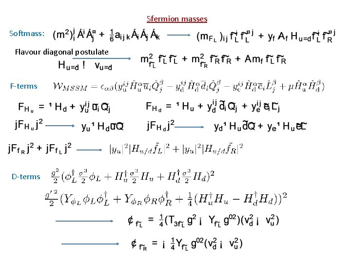 Sfermion masses Softmass: Flavour diagonal postulate F-terms D-terms 