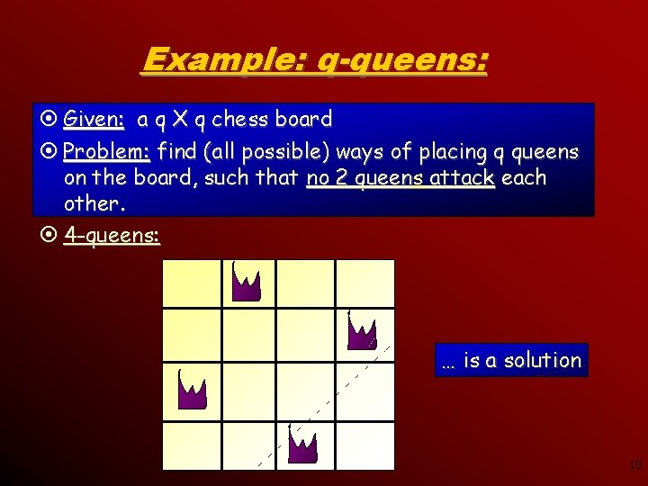 Example: q-queens: ¤ Given: a q X q chess board ¤ Problem: find (all