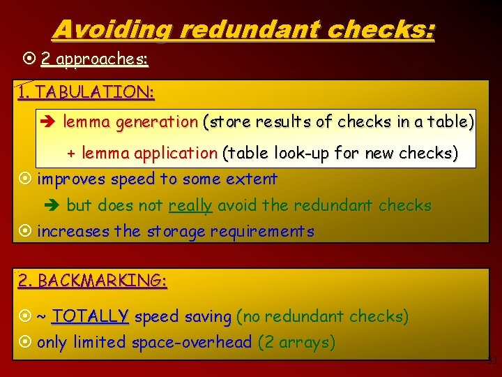 Avoiding redundant checks: ¤ 2 approaches: 1. TABULATION: è lemma generation (store results of