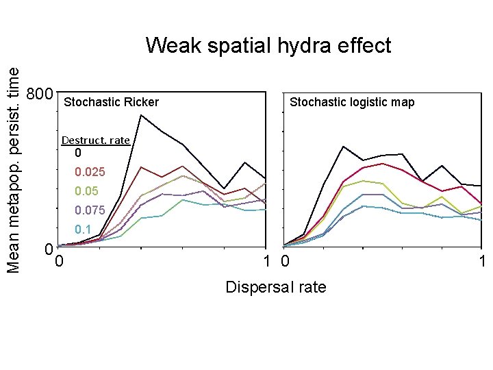 Mean metapop. persist. time Weak spatial hydra effect 800 Stochastic Ricker Stochastic logistic map