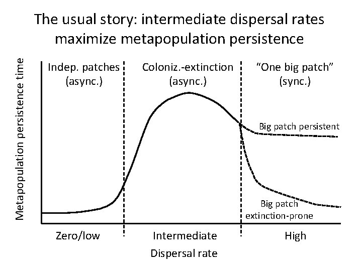 Metapopulation persistence time The usual story: intermediate dispersal rates maximize metapopulation persistence Indep. patches