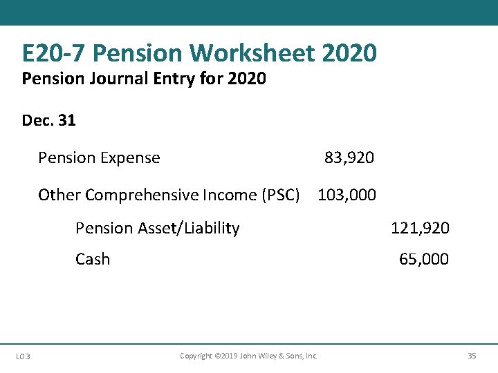 E 20 -7 Pension Worksheet 2020 Pension Journal Entry for 2020 Dec. 31 Pension
