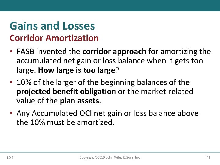 Gains and Losses Corridor Amortization • FASB invented the corridor approach for amortizing the