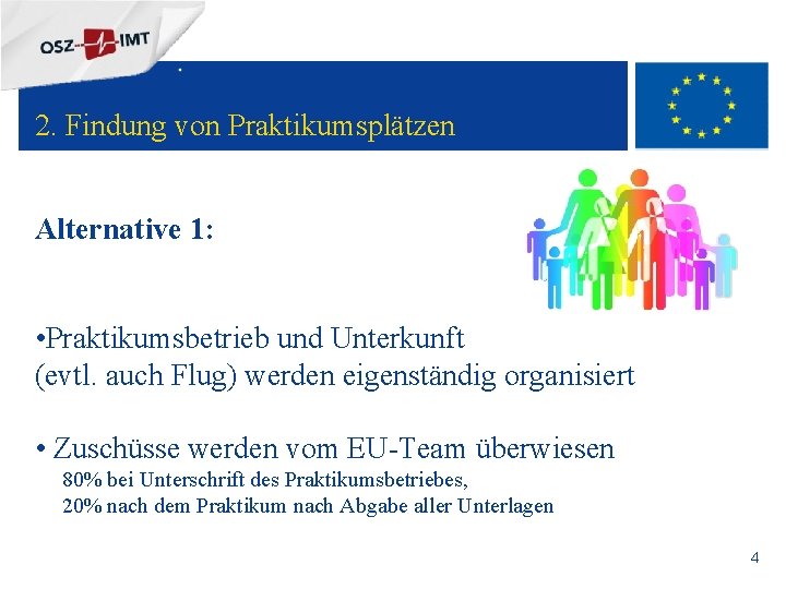 + 2. Findung von Praktikumsplätzen Alternative 1: • Praktikumsbetrieb und Unterkunft (evtl. auch Flug)