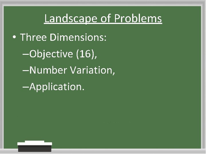 Landscape of Problems • Three Dimensions: –Objective (16), –Number Variation, –Application. 