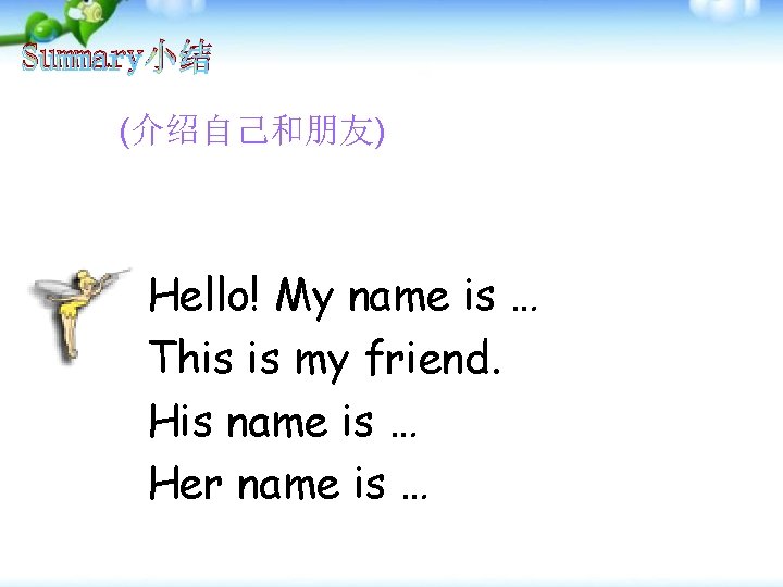 Summary小结 (介绍自己和朋友) Hello! My name is … This is my friend. His name is