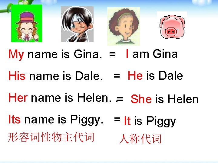 My name is Gina. = I am Gina His name is Dale. = He