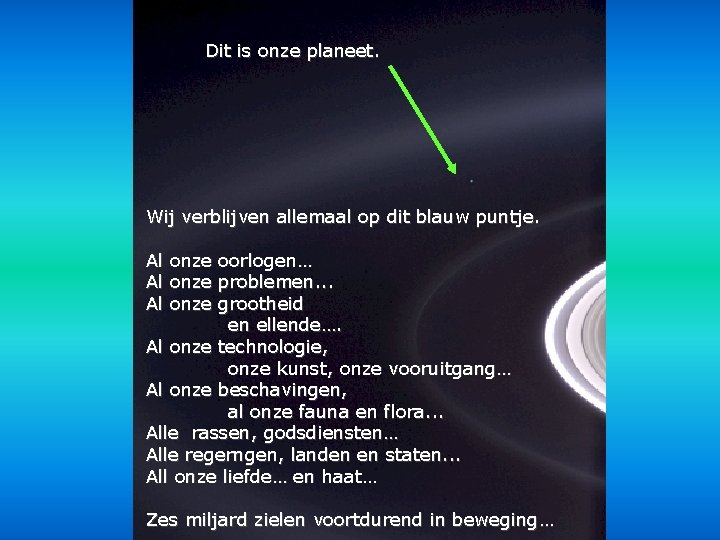 Dit is onze planeet. Wij verblijven allemaal op dit blauw puntje. Al onze oorlogen…