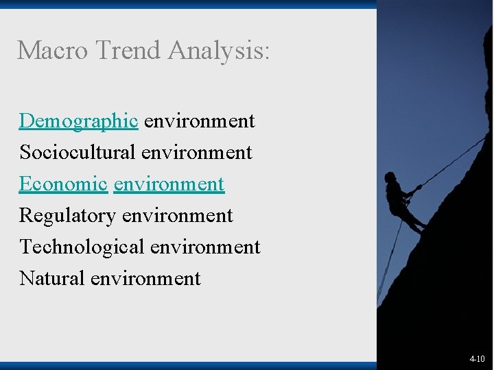 Macro Trend Analysis: Demographic environment Sociocultural environment Economic environment Regulatory environment Technological environment Natural Macro Trend Analysis: Demographic environment Sociocultural environment Economic environment Regulatory environment Technological environment Natural